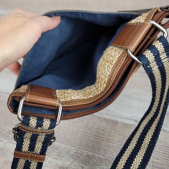 Crossbody Purse CHAPS Straw Vegan Faux Leather Cloth Strap Metal Logo Slim - Picture 7 of 16